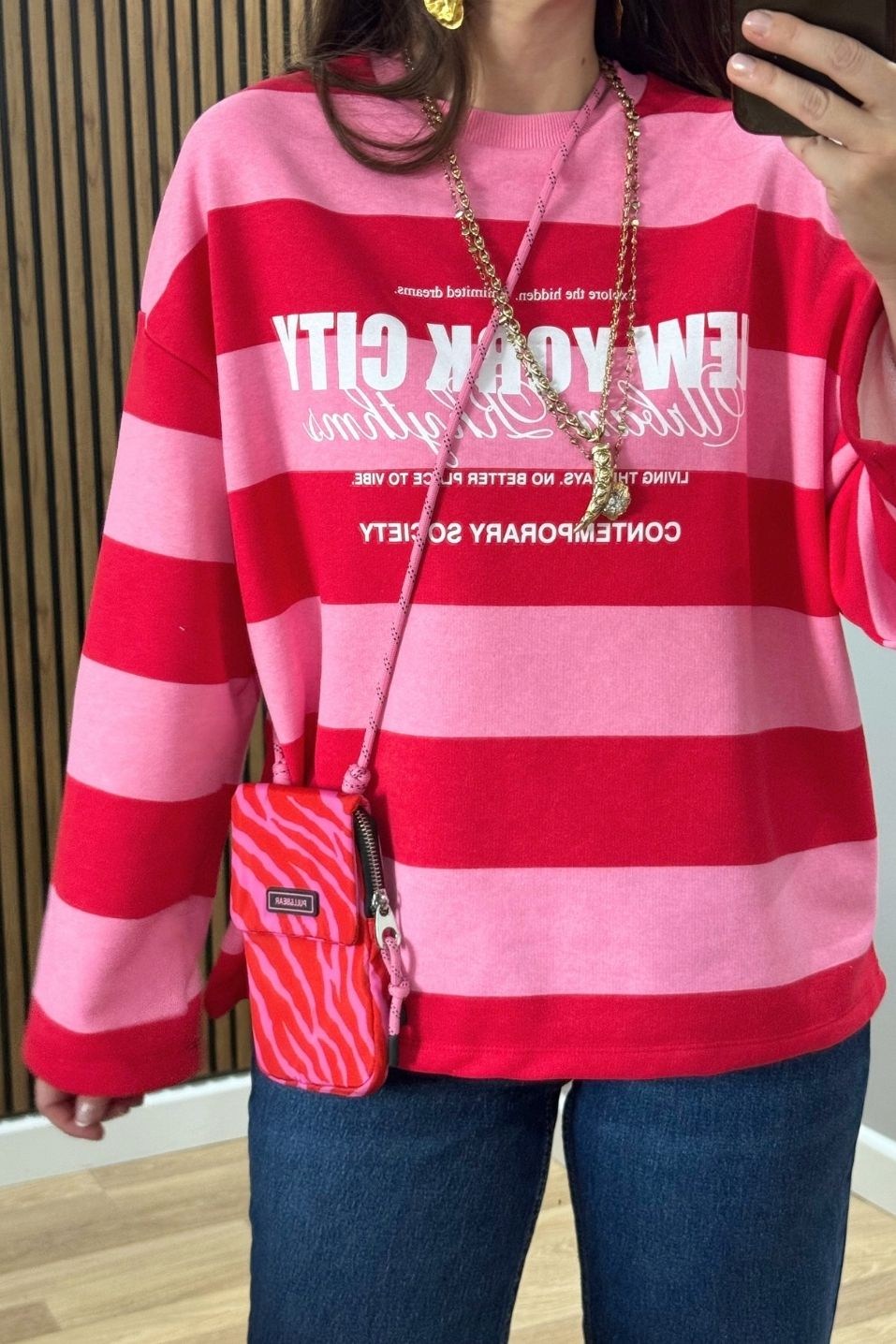 College Baskılı Çizgili Sweatshirt Pembe