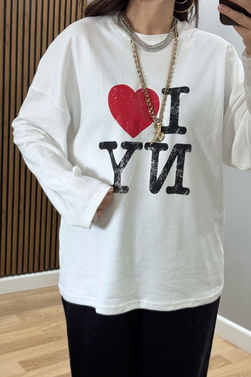 I Love NY Baskılı Oversize Sweatshirt Ekru