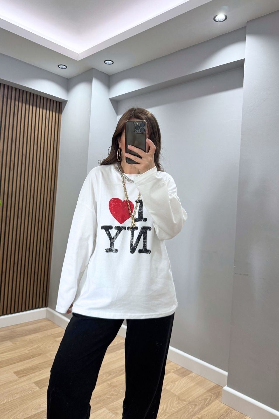 I Love NY Baskılı Oversize Sweatshirt Ekru
