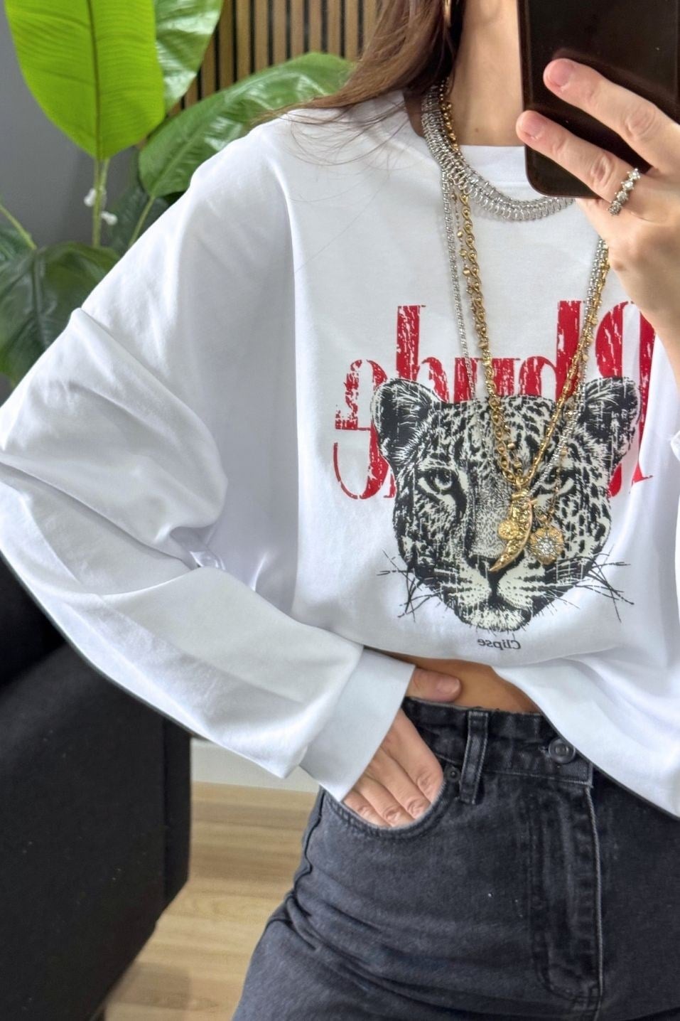 Oversize Leopar Baskılı Pamuk Sweatshirt Beyaz
