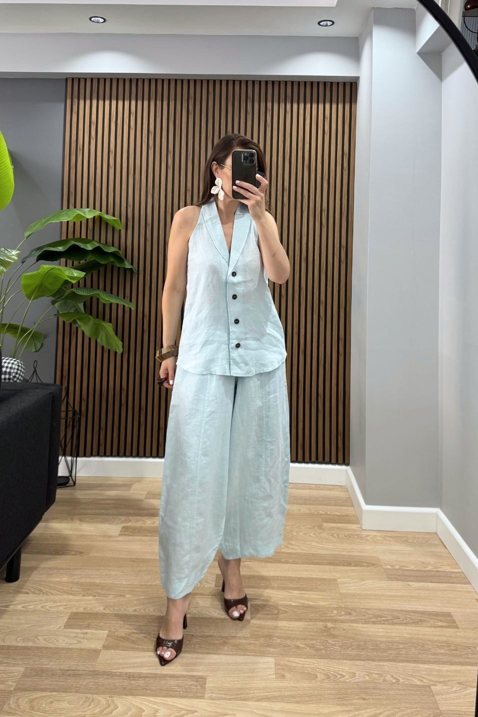 %100 Keten Yelek Pantolon İkili Takım Mavi