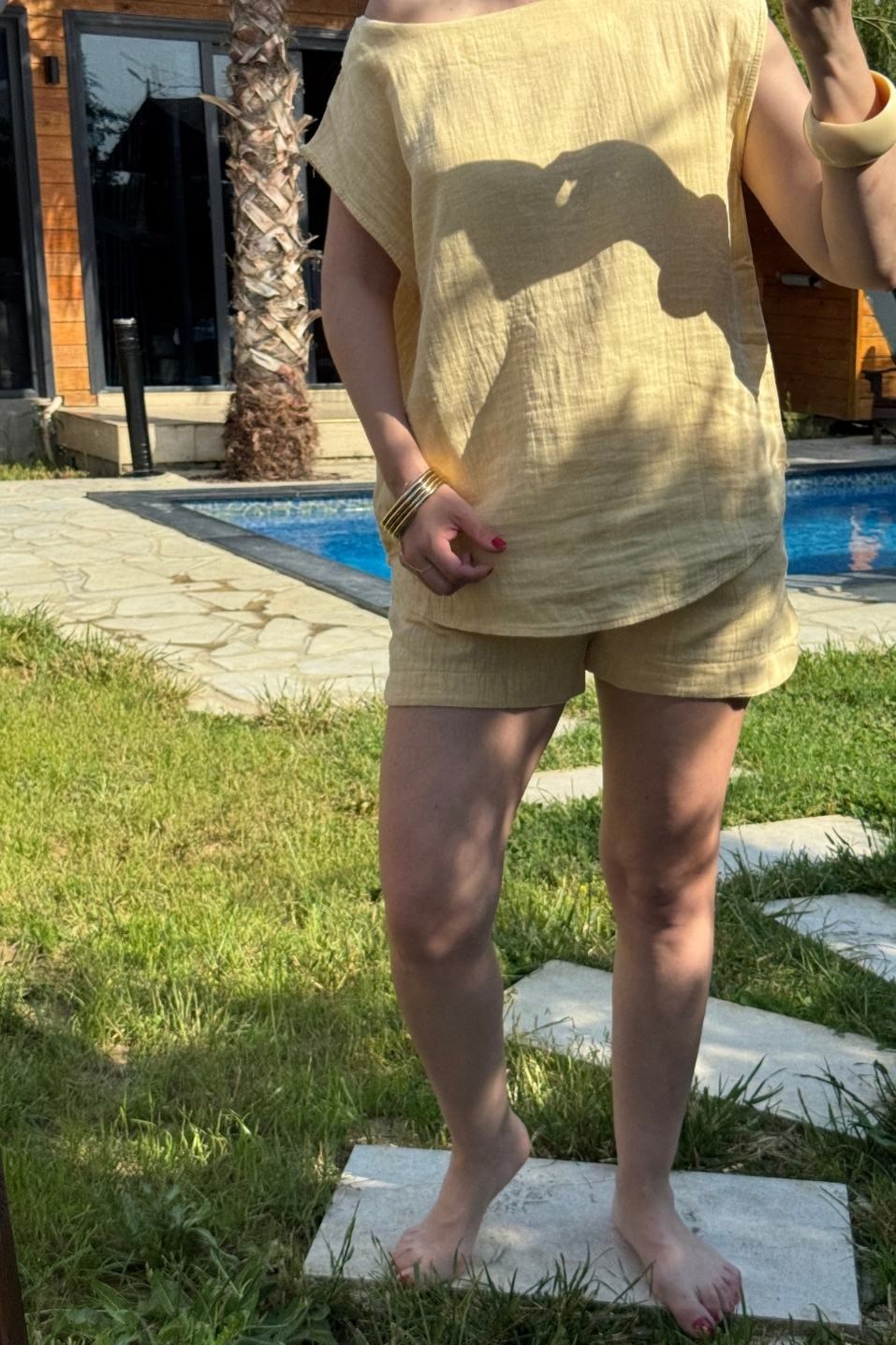 Bella Keten Şortlu Takım Sarı