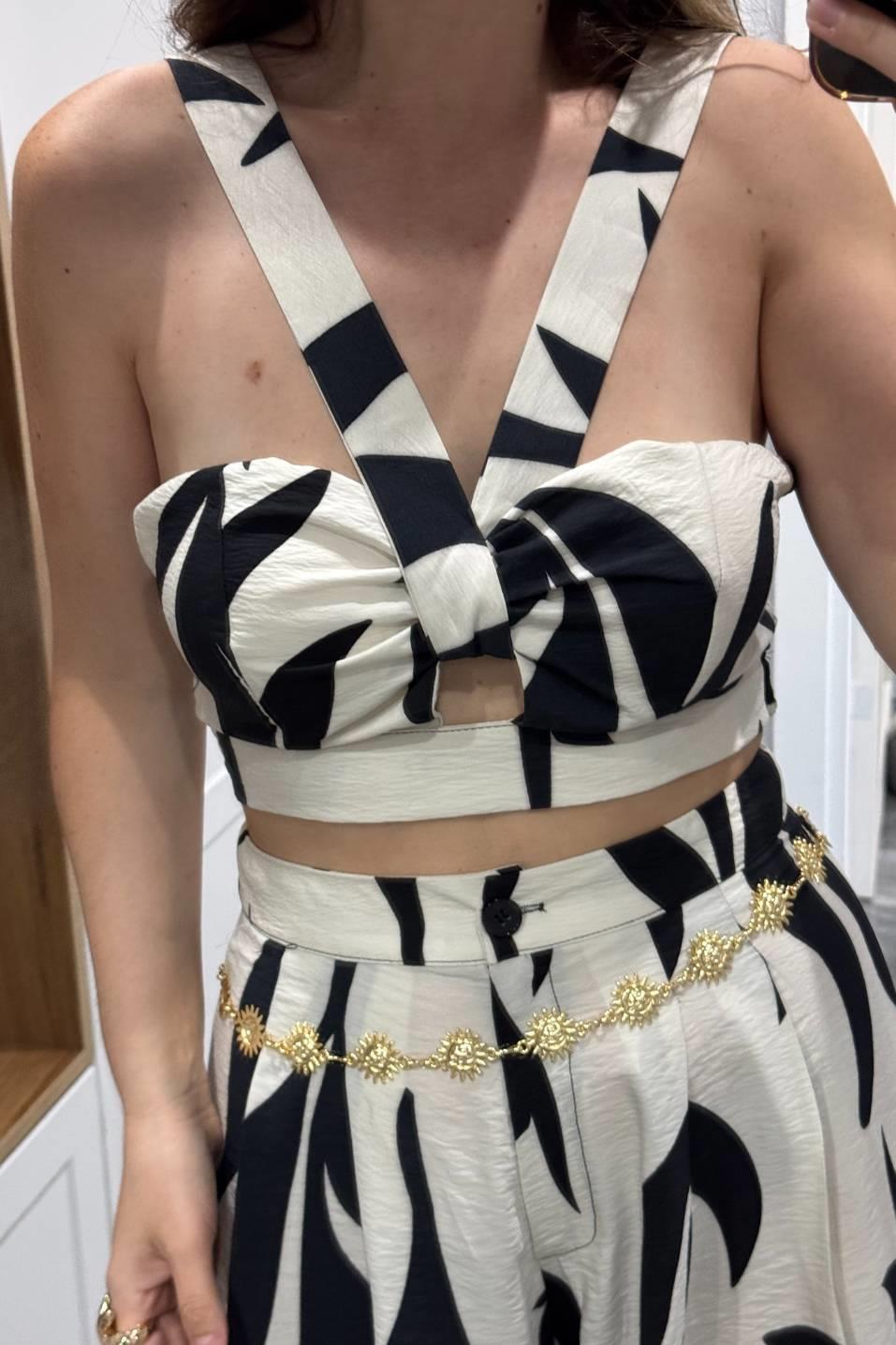 Desenli Crop Pantolon Premıum Takım Siyah