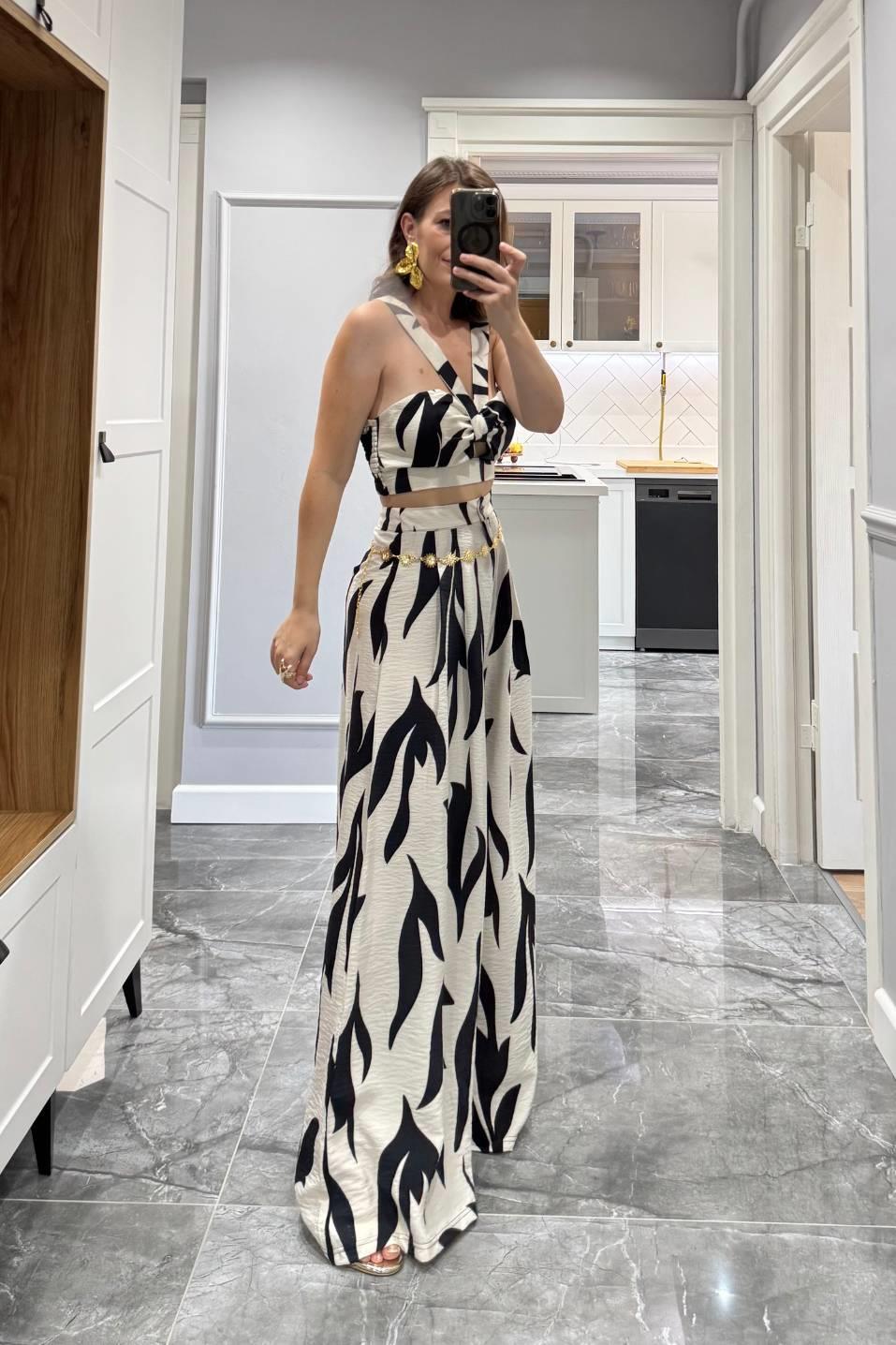 Desenli Crop Pantolon Premıum Takım Siyah