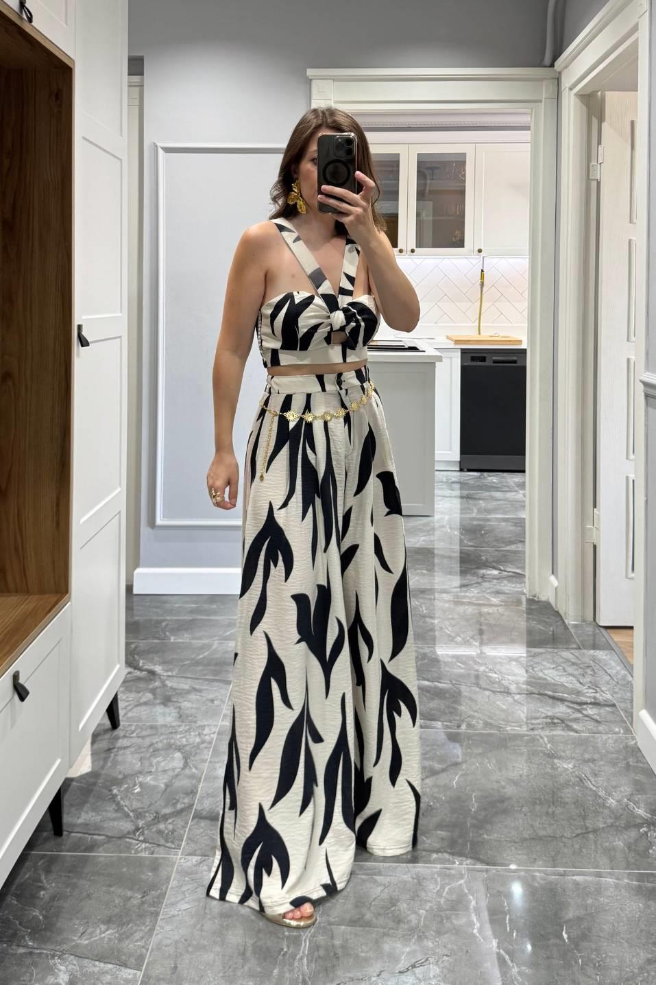Desenli Crop Pantolon Premıum Takım Siyah
