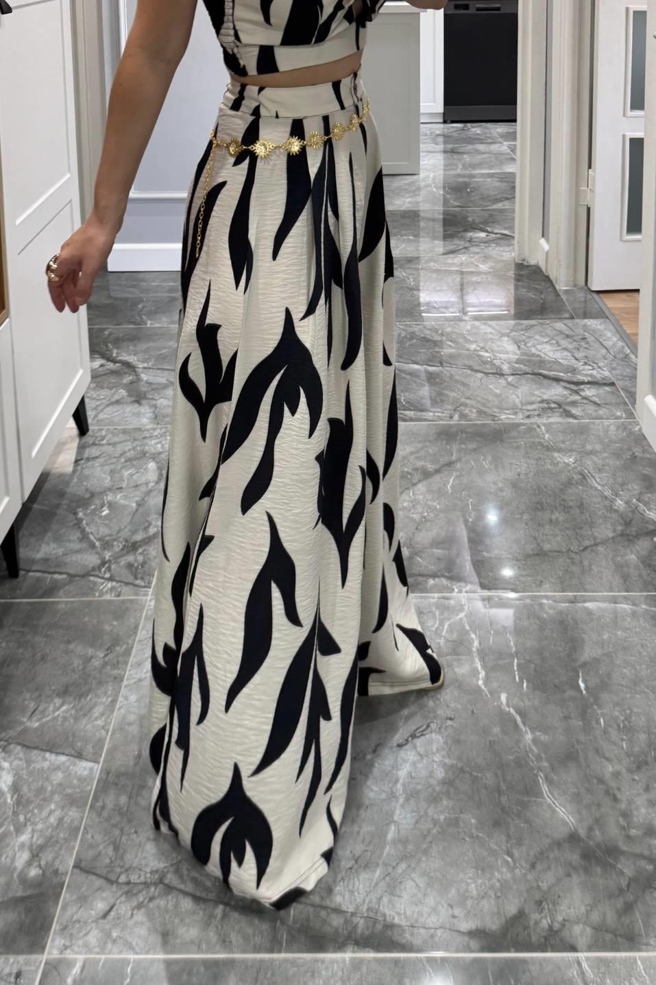 Desenli Crop Pantolon Premıum Takım Siyah