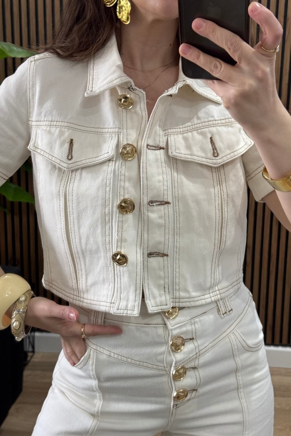 Gold Düğme Detaylı Premium Denim Takım Ekru