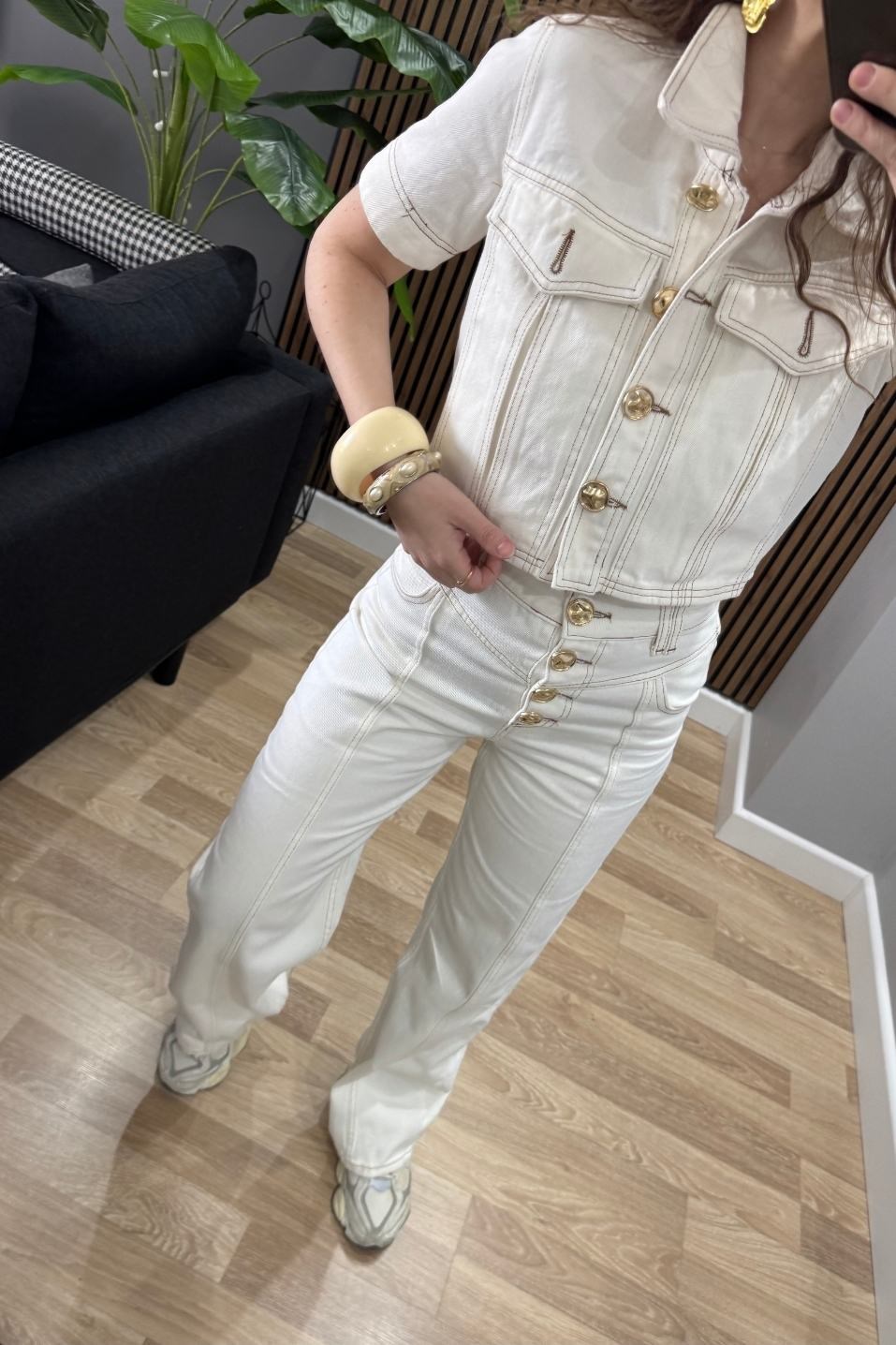 Gold Düğme Detaylı Premium Denim Takım Ekru