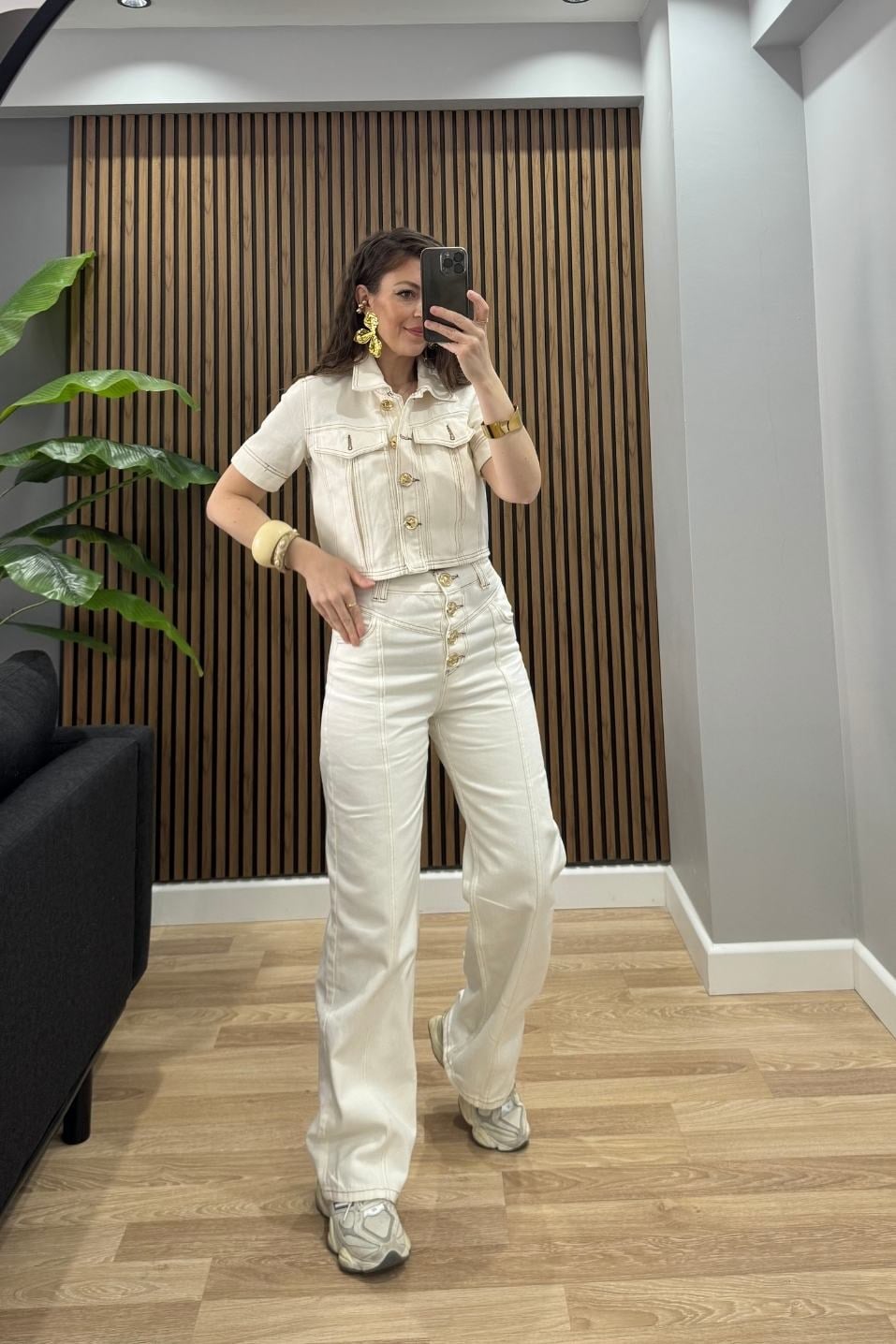 Takım Gold Düğme Detaylı Premium Denim Takım Ekru