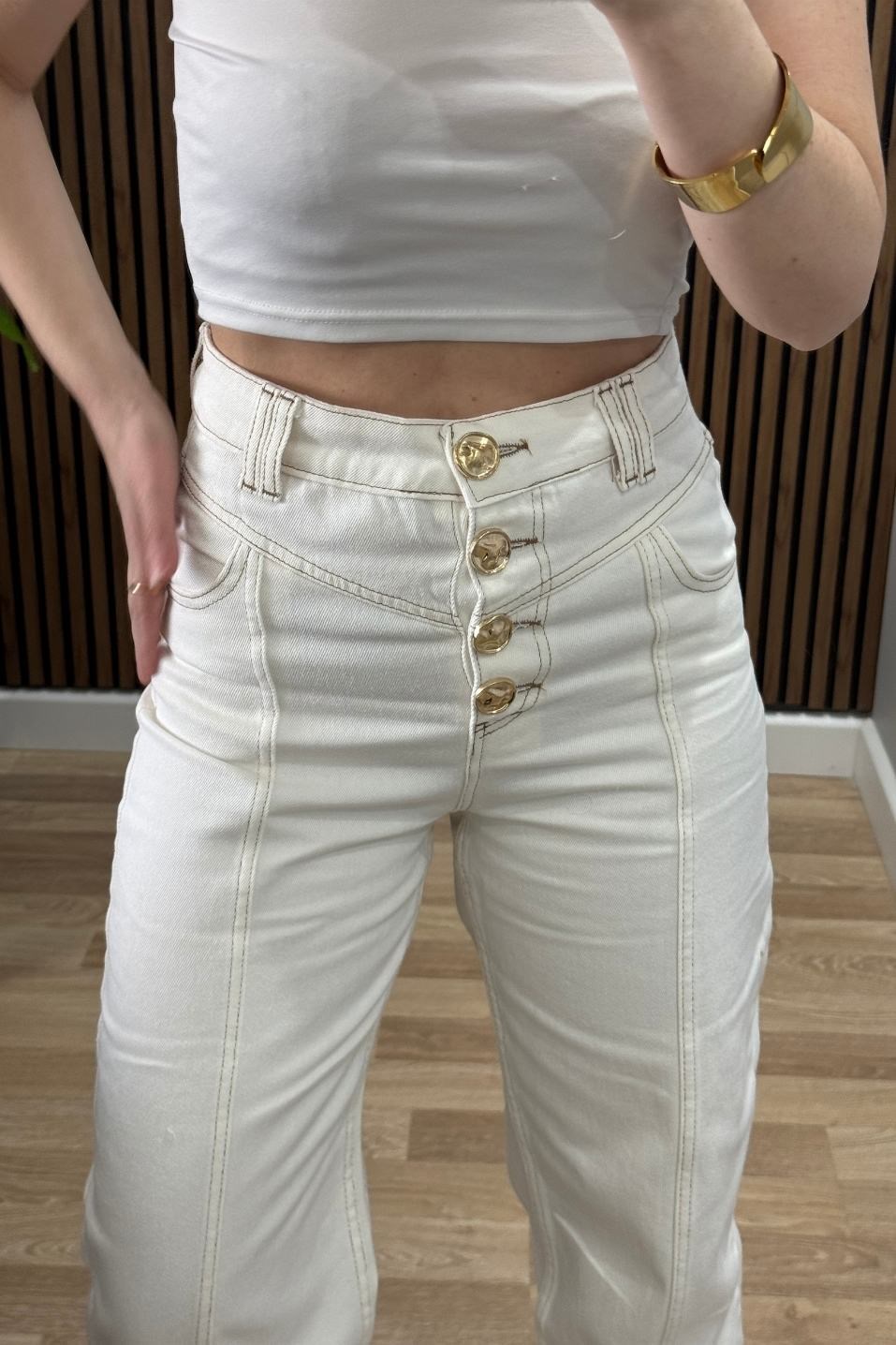 Gold Düğme Detaylı Premium Denim Takım Ekru