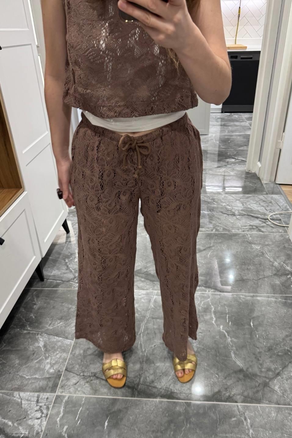 Kroşe Crop ve Şort Astarlı Pantolon Takım Kahverengi