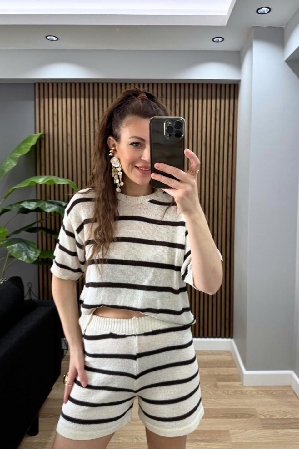 Premium Çizgili Triko Takım Ekru-Kahve