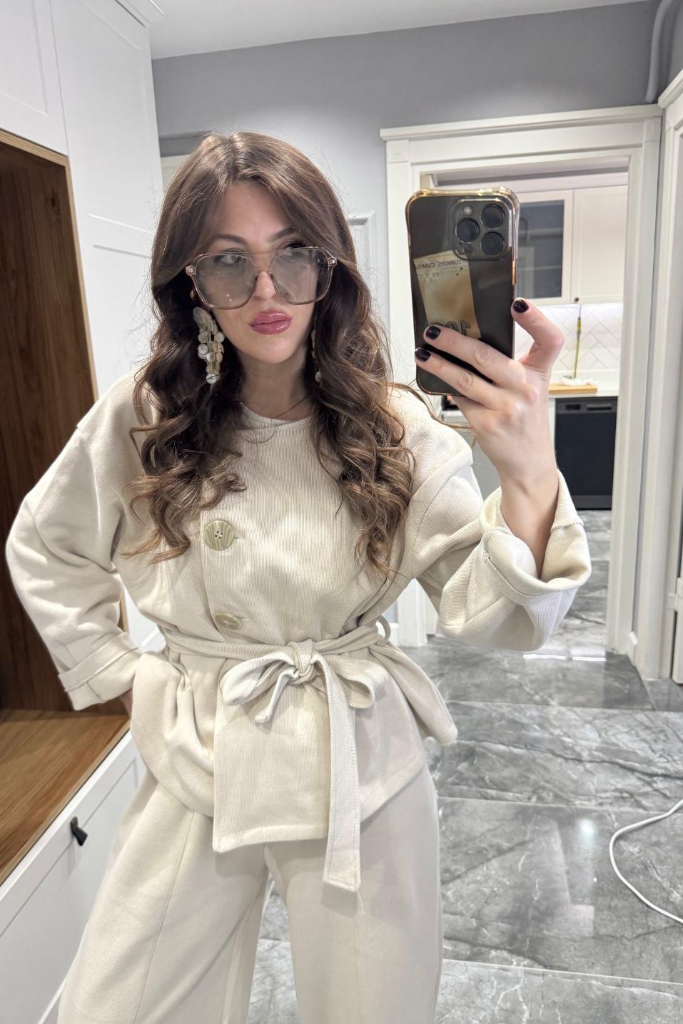 Premium Kuşaklı Triko Takım Taş