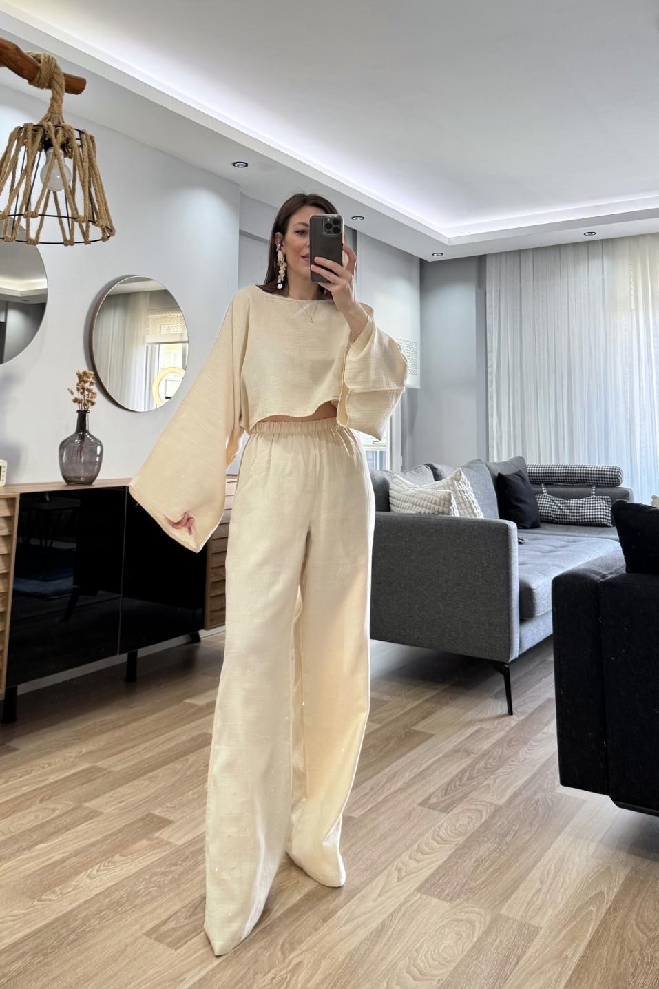 Solea Taş Detaylı Müslin Takım Bej