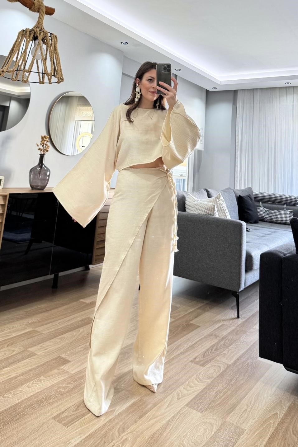 Solea Taş Detaylı Müslin Takım Bej