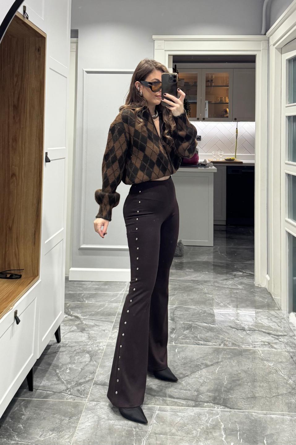 Zımba Detaylı İspanyol Çelik Tayt Kahverengi