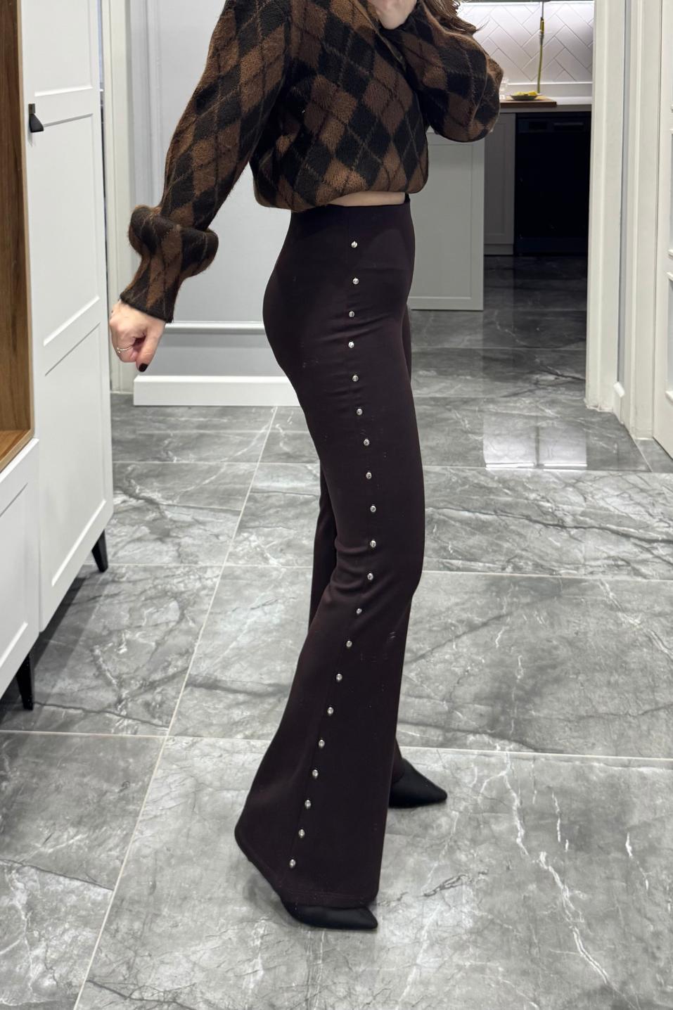 Zımba Detaylı İspanyol Çelik Tayt Kahverengi