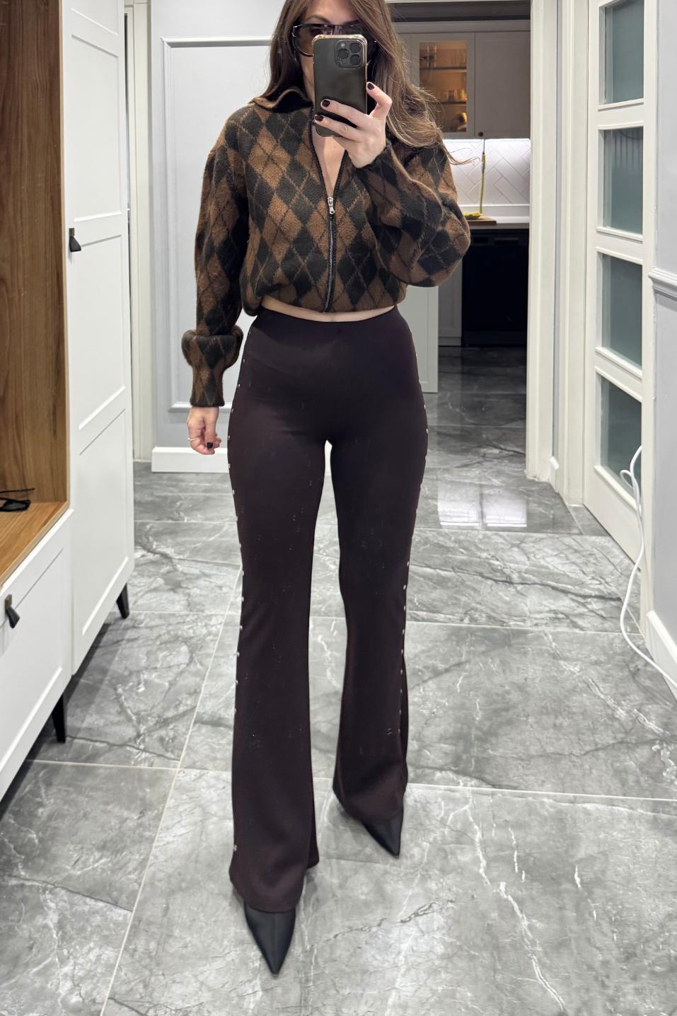 Zımba Detaylı İspanyol Çelik Tayt Kahverengi