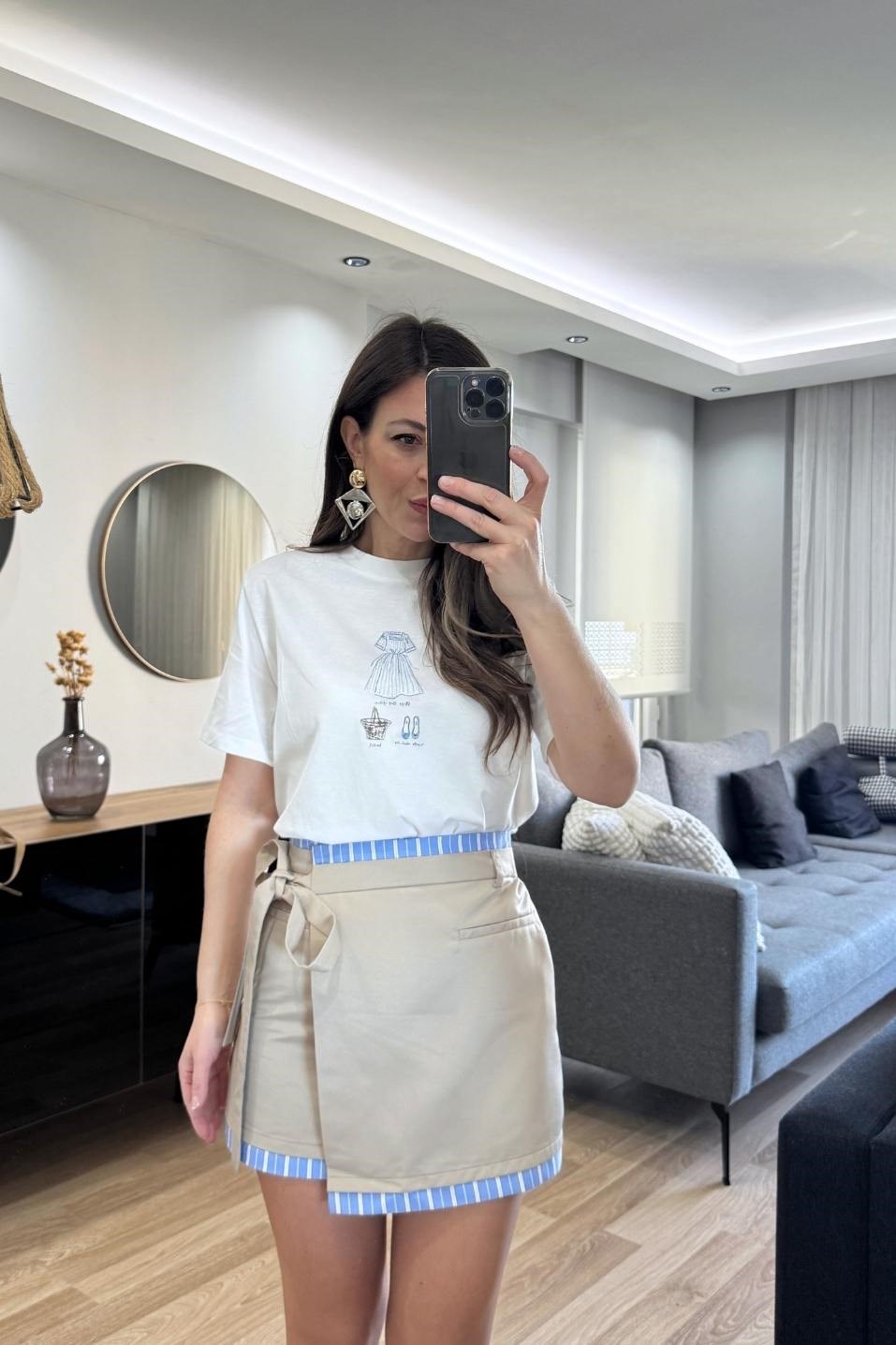 Baskı Detaylı Tişört Beyaz