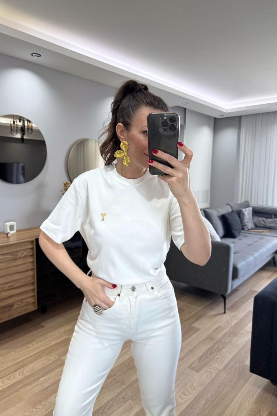 Bisiklet Yaka Premium Tişört Ekru