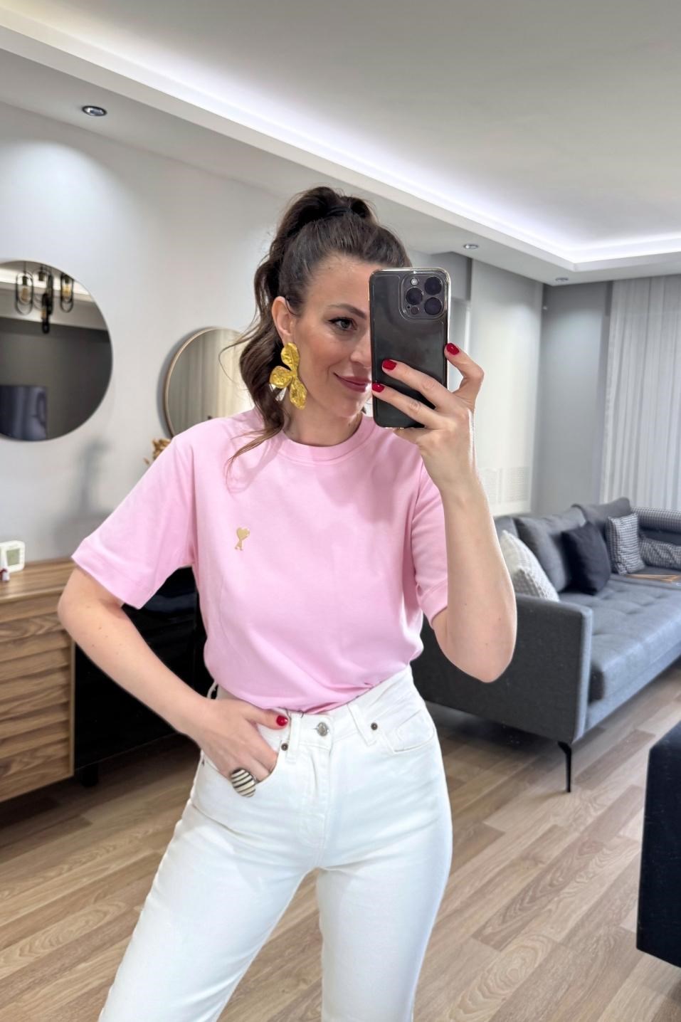 Bisiklet Yaka Premium Tişört Pembe