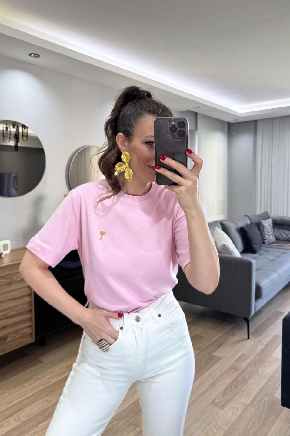 Bisiklet Yaka Premium Tişört Pembe