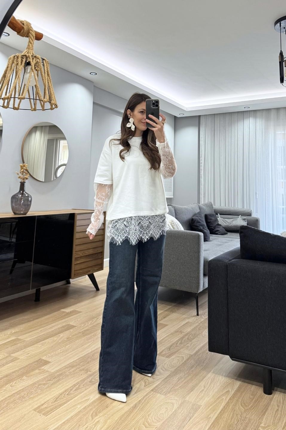 Elira Dantel Kol Tişört Ekru