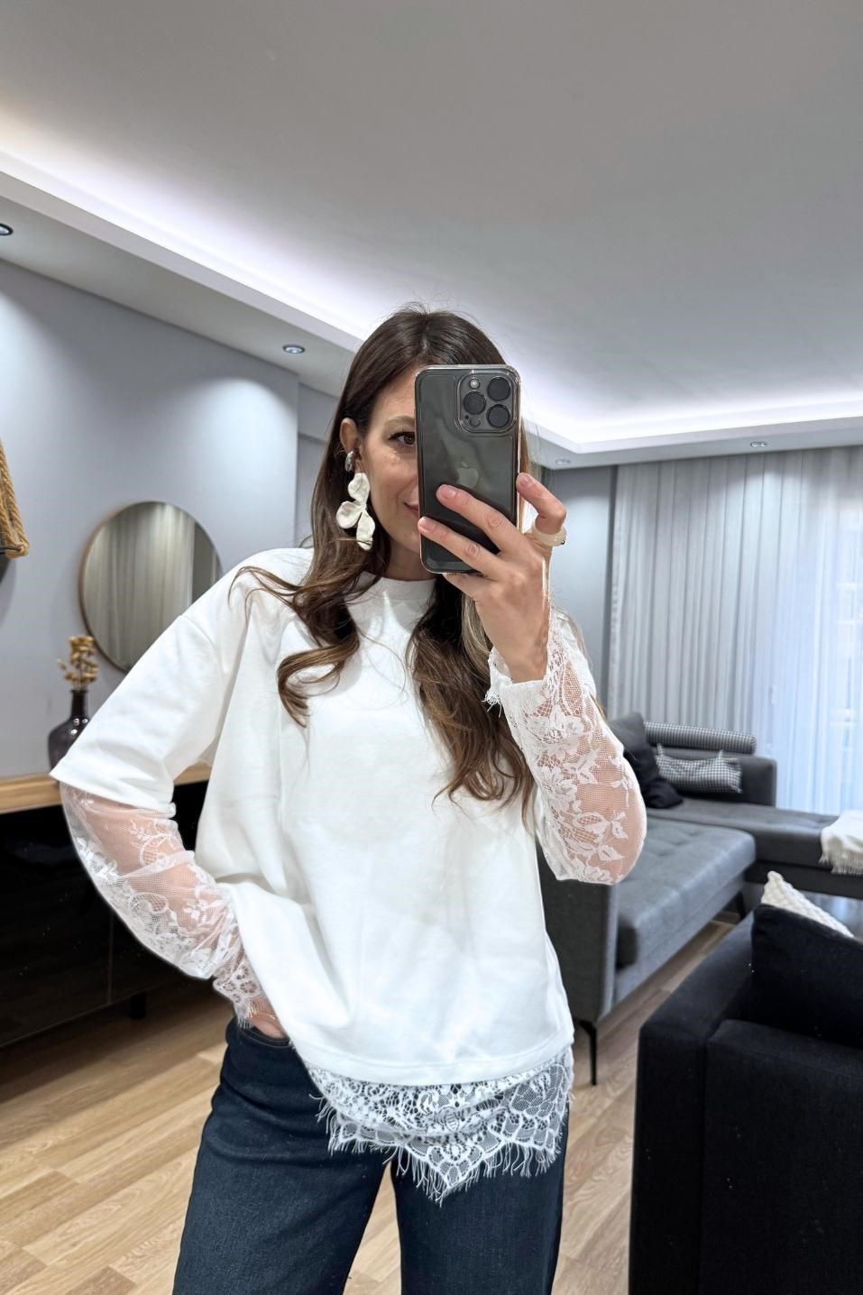 Elira Dantel Kol Tişört Ekru