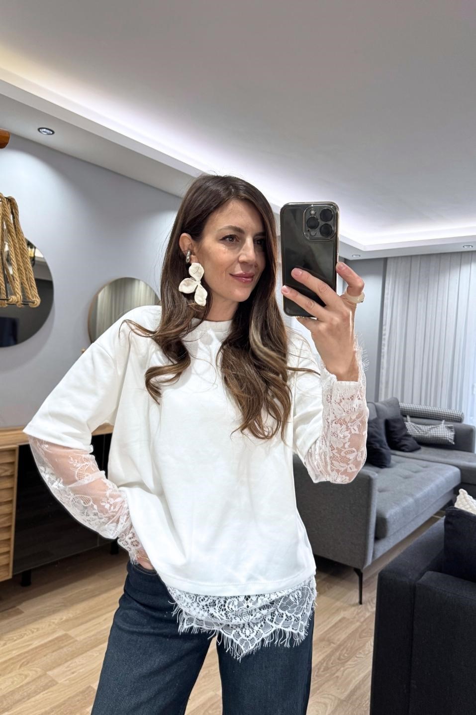Elira Dantel Kol Tişört Ekru