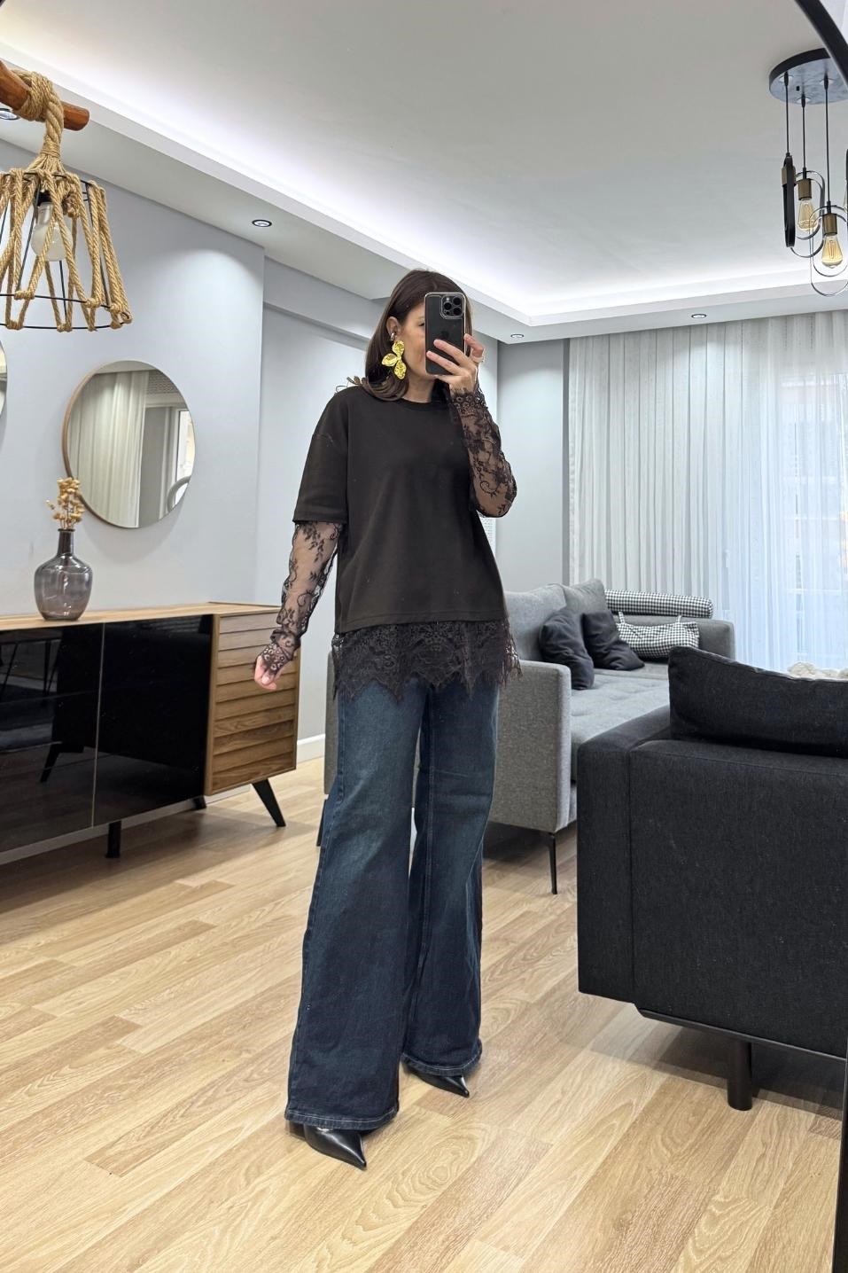 Elira Dantel Kol Tişört Kahverengi