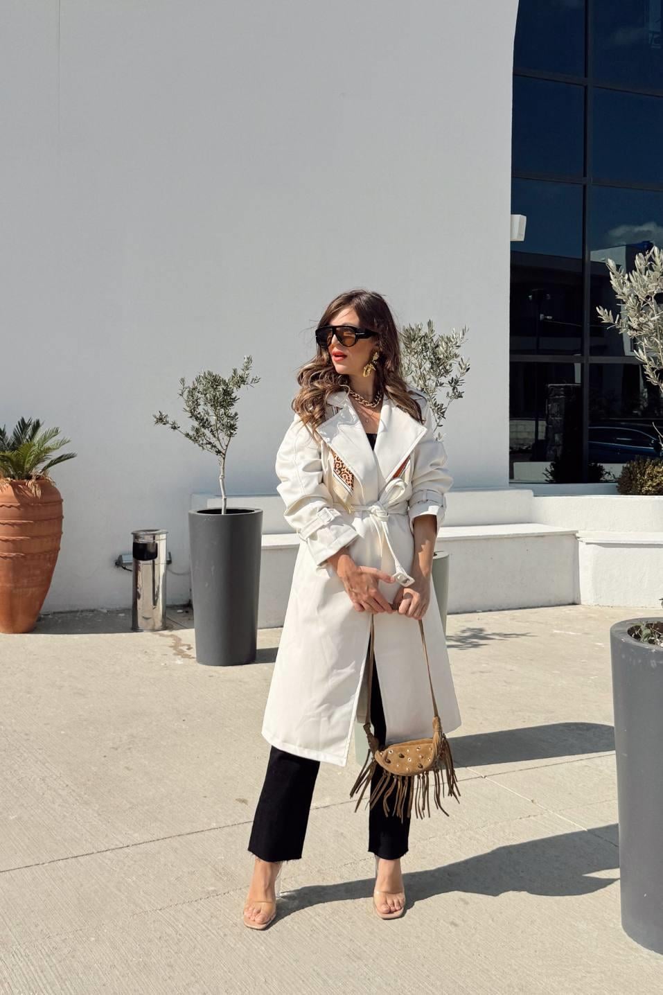 Midnight Luxe Deri Trençkot Beyaz