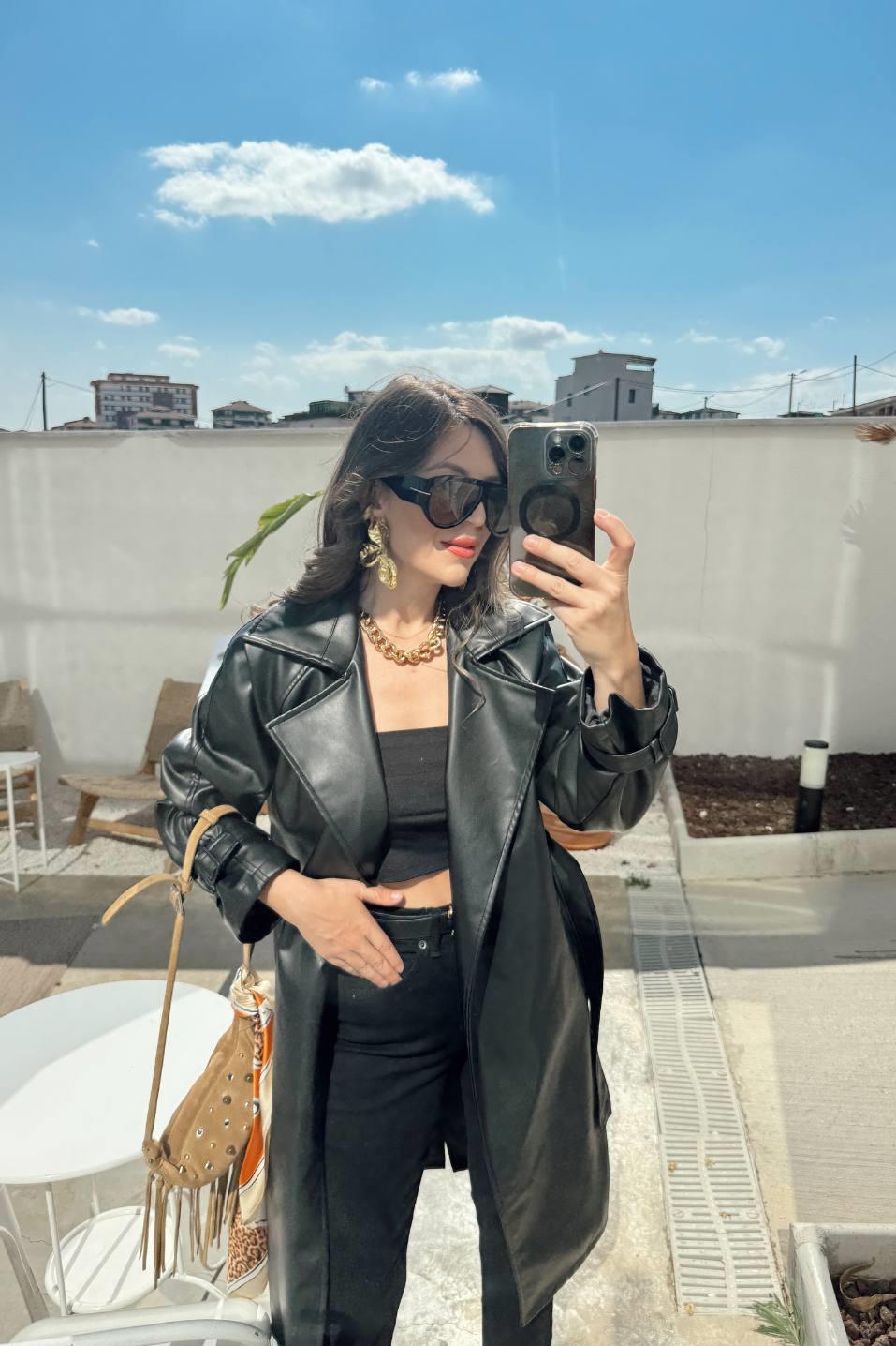 Midnight Luxe Deri Trençkot Siyah