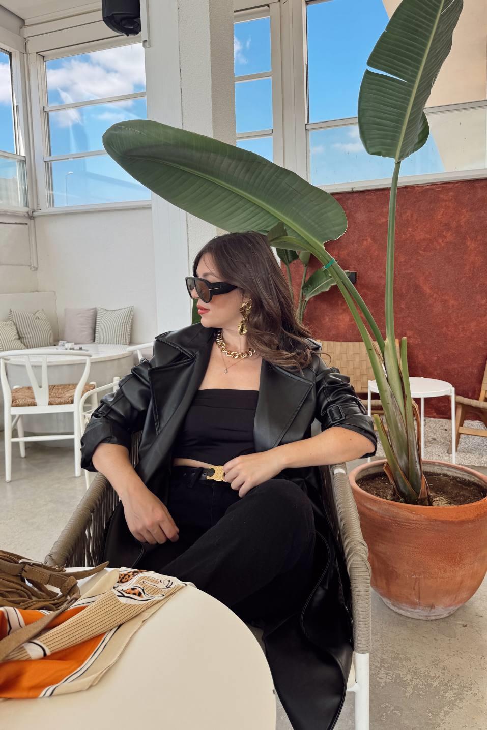 Midnight Luxe Deri Trençkot Siyah