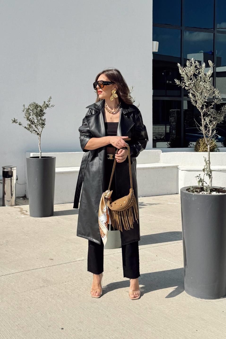 Midnight Luxe Deri Trençkot Siyah