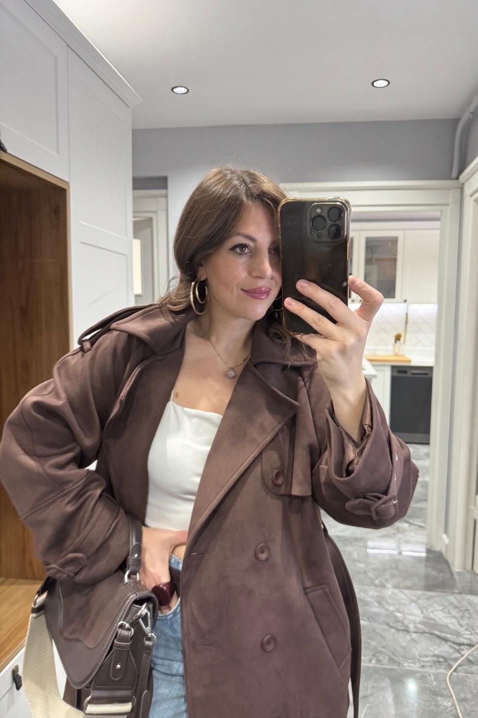 Veloura Süet Trençkot Acı Kahve