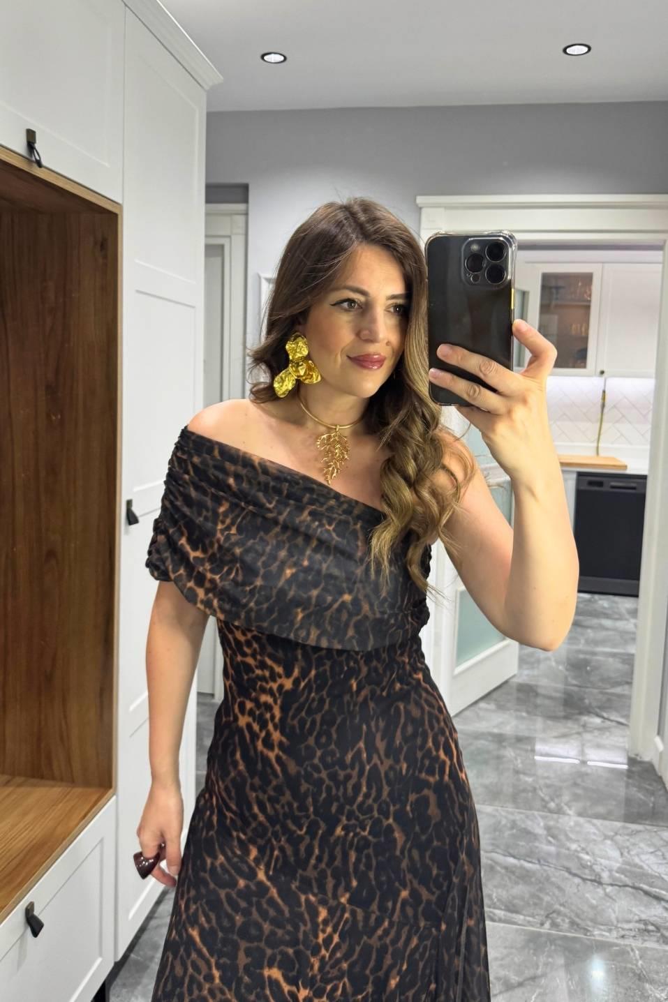 Leopar Desen Tek Omuz Tül Astarlı Elbise Siyah