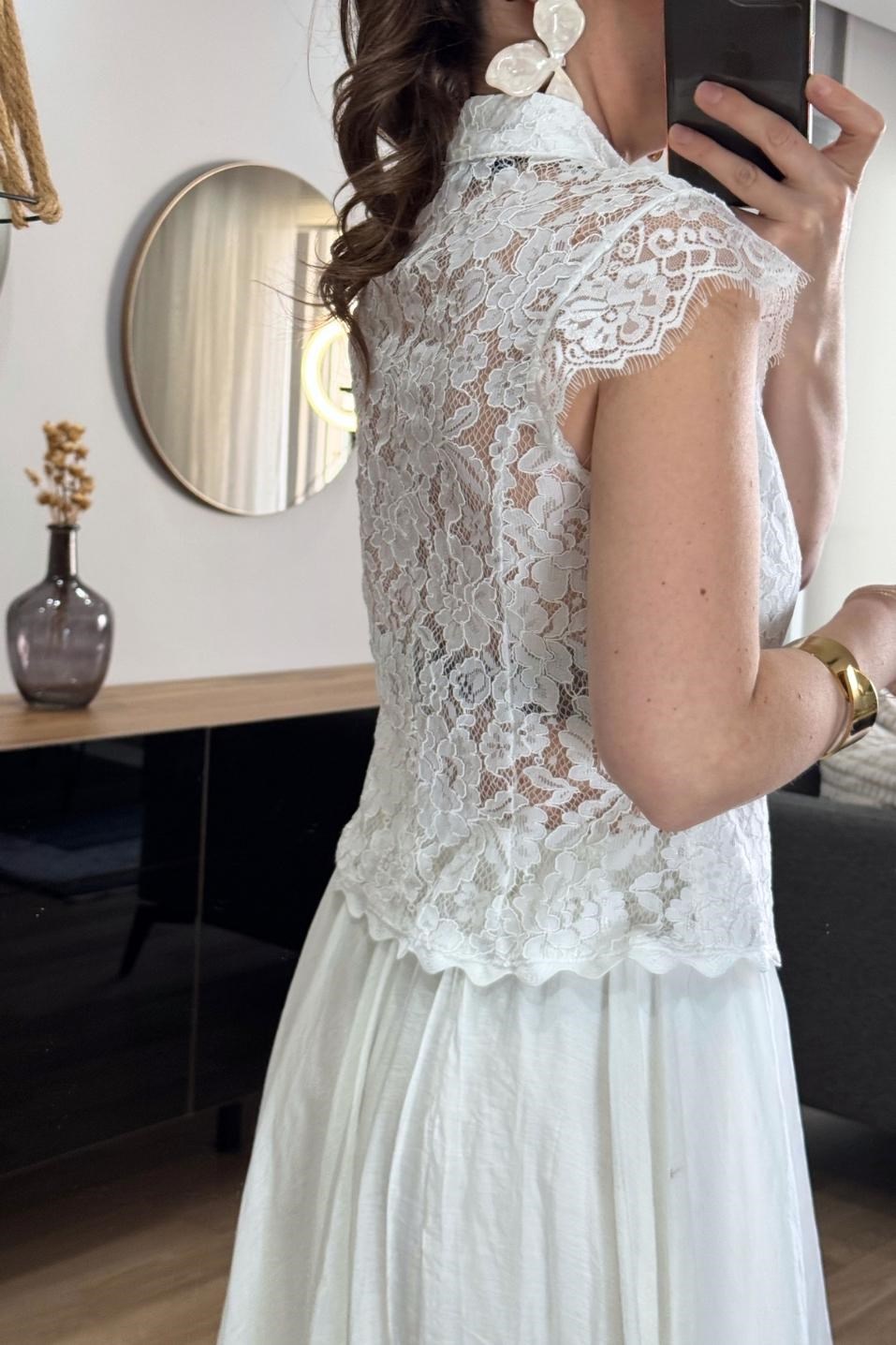 Alira Dantel Vintage Yelek Bluz Beyaz