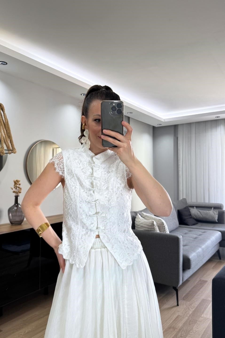 Alira Dantel Vintage Yelek Bluz Beyaz