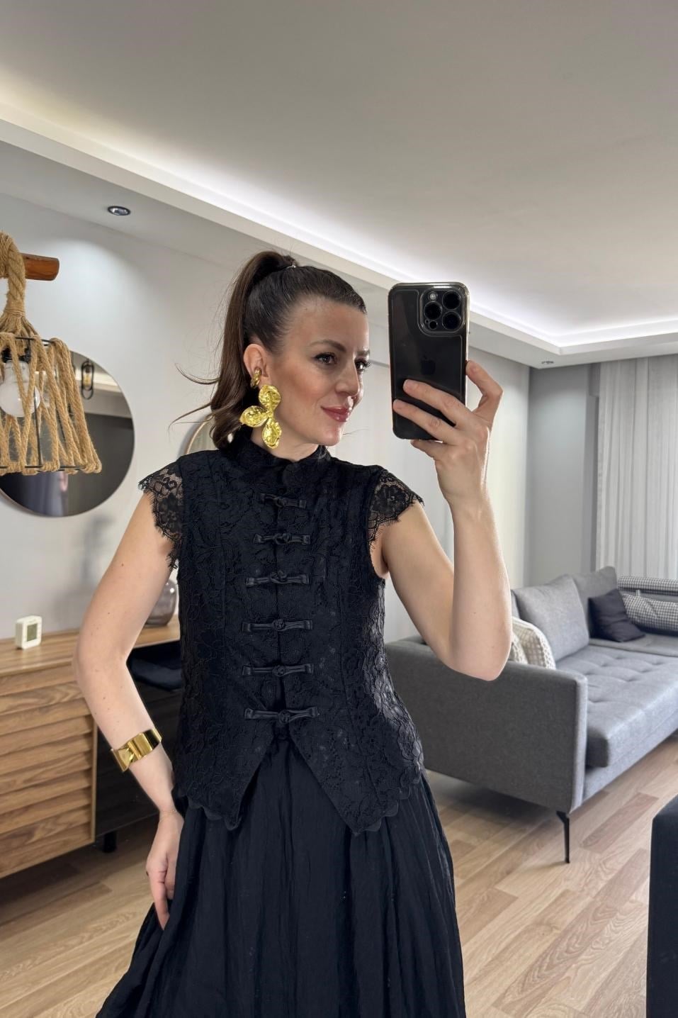 Alira Dantel Vintage Yelek Bluz Siyah