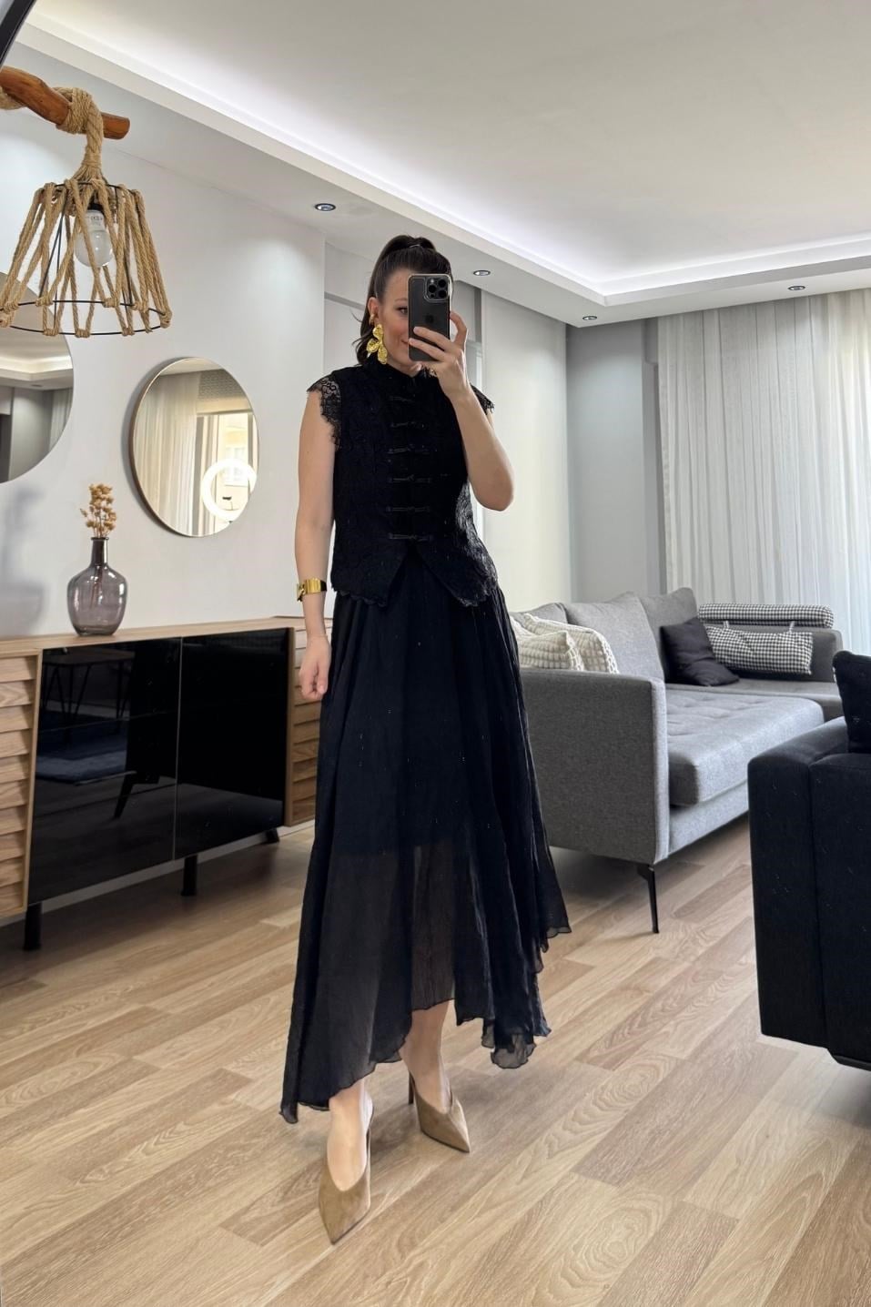 Alira Dantel Vintage Yelek Bluz Siyah