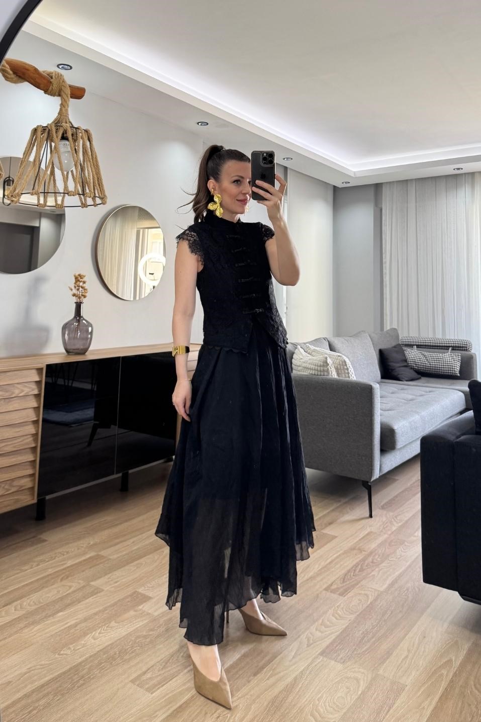 Alira Dantel Vintage Yelek Bluz Siyah