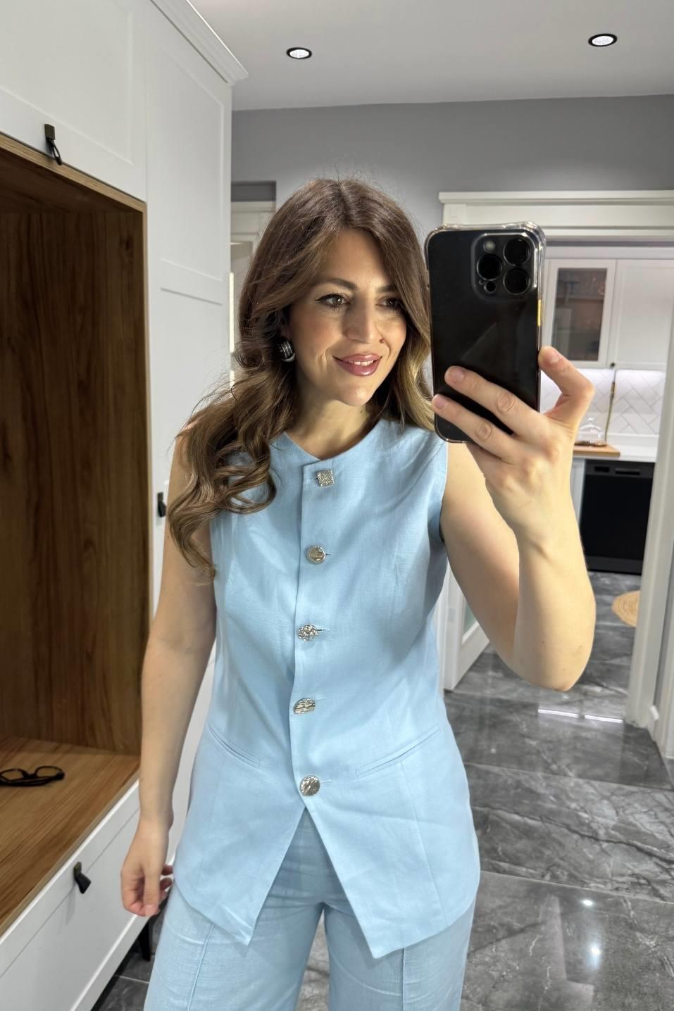 Karma Düğme Keten Yelek Bebe Mavi