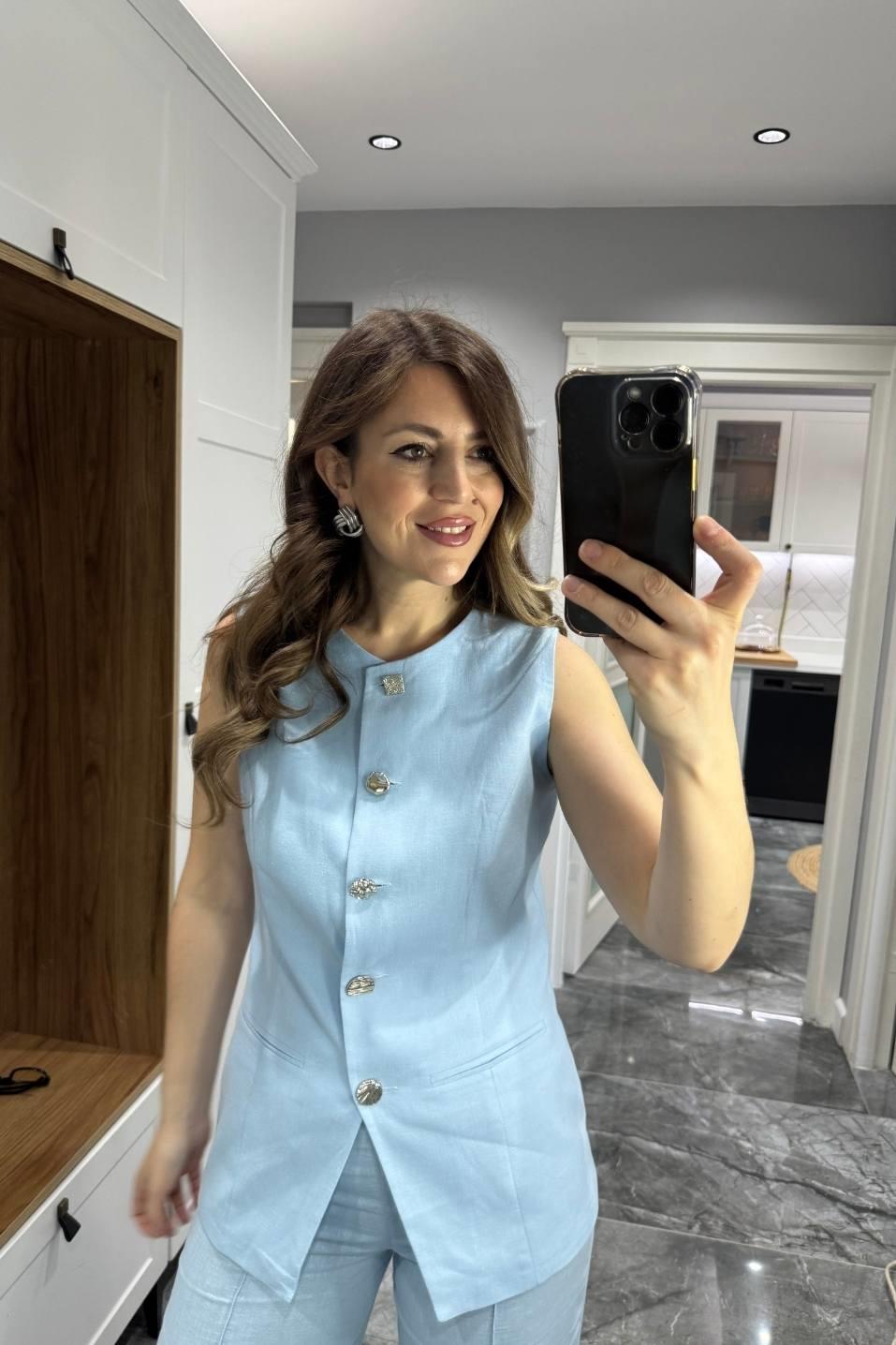 Karma Düğme Keten Yelek Bebe Mavi