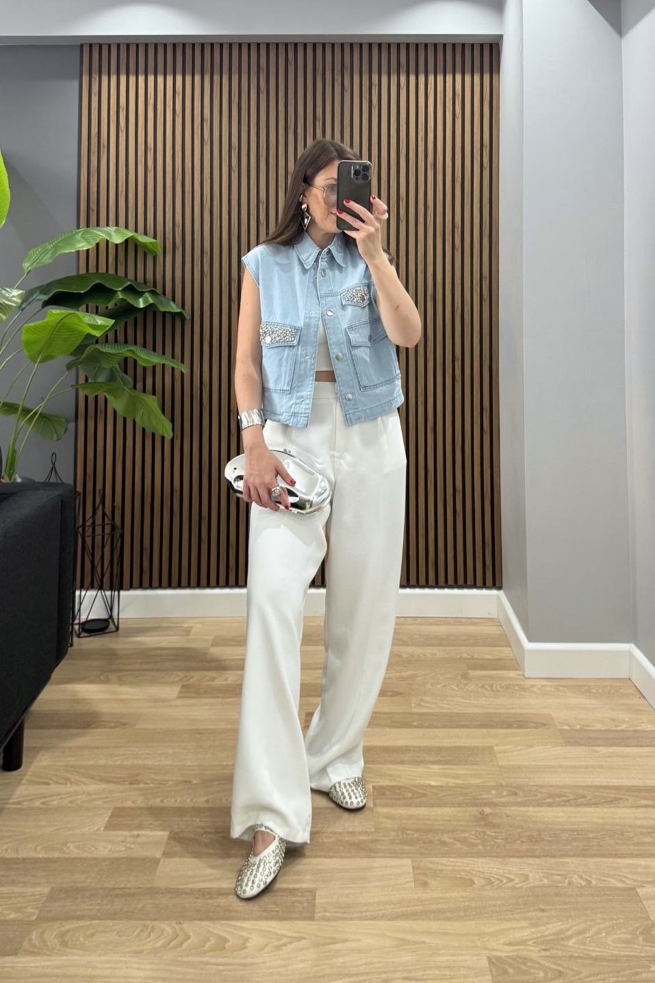 Luna Taş Detay Denim Yelek Buz Mavi