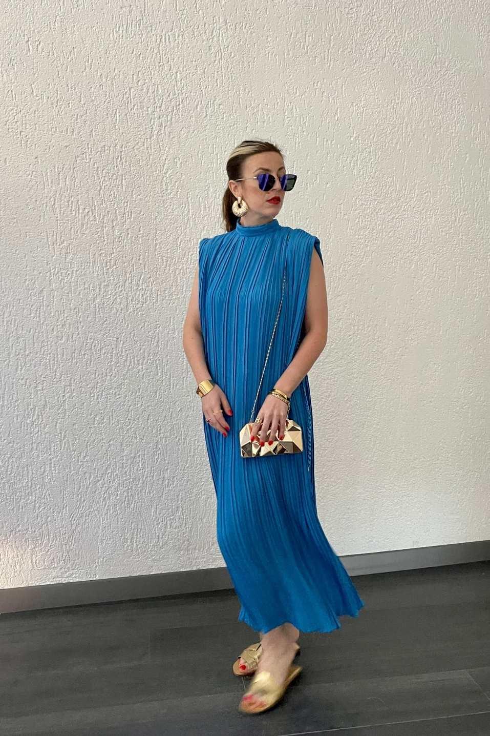 Günlük ElbisePileli Kemerli Uzun Elbise Mavi