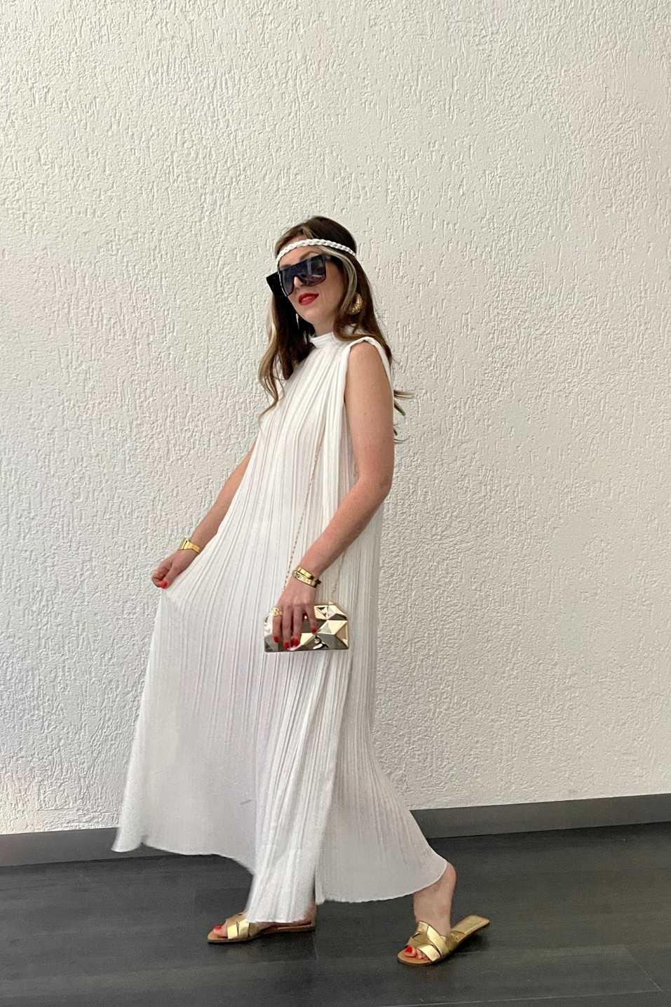 Günlük ElbisePileli Kemerli Uzun Elbise Beyaz