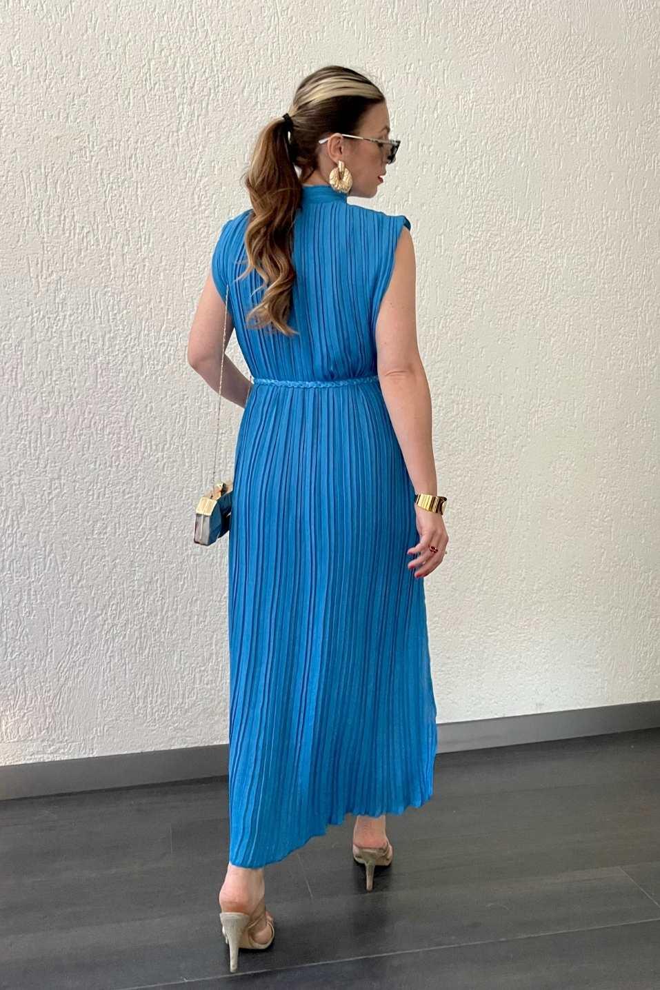 Günlük ElbisePileli Kemerli Uzun Elbise Mavi