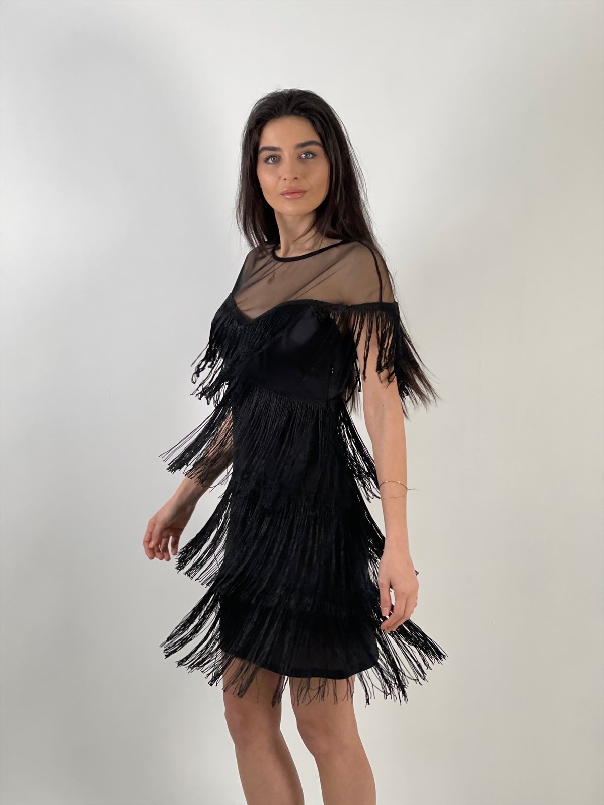 Saçaklı Elbise Siyah - Atelier Aliz