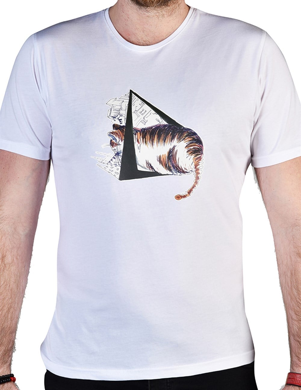 Bisiklet Yaka Üçgen Baskılı Erkek Beyaz Pamuklu Tshirt