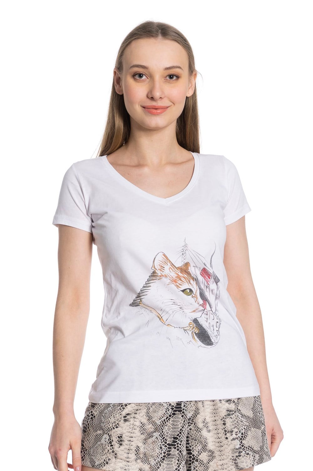 V Yaka Amiral Baskı Beyaz Kadın Tshirt